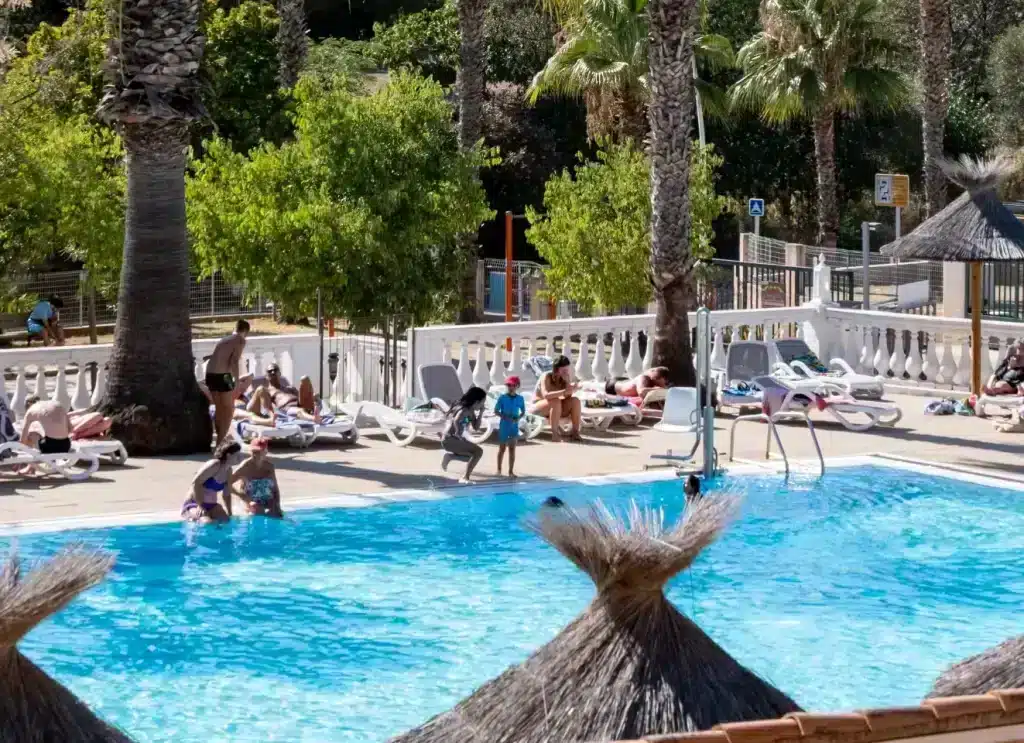Piscine extérieure avec chaises longues et palmiers.